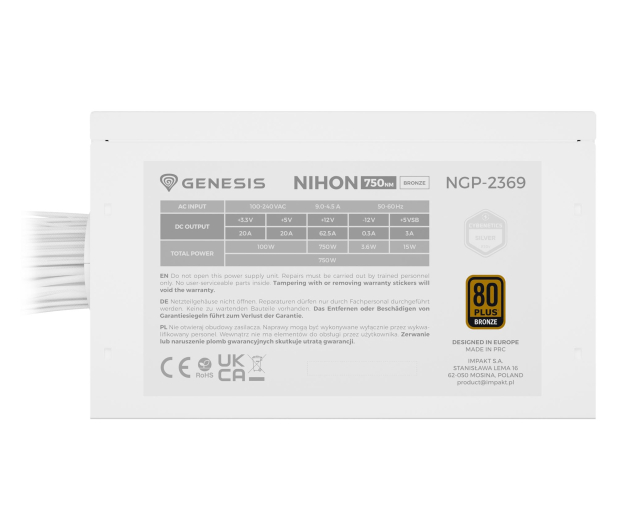 Genesis ZASILACZ GENESIS NIHON 750NM BIAŁY 750W 80+ BRONZE ATX 3.1 - 1545698 - zdjęcie 4